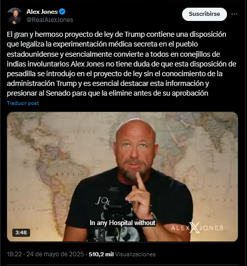 comentario en X de Alex Jones sobre el proyecto de ley de Trump.