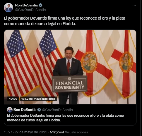 El gobernador de Florida, Ron DeSantis anunciando que firmó una ley para convertir el oro y la plata en moneda de curso legal.