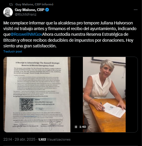 Un recibo certifica que la ciudad de Roswell en el Estado de Nuevo México, ahora tiene una reserva de Bitcoin.