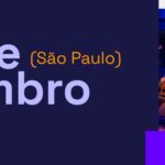 Banner promocional del evento con la fecha "7 e 8 de novembro (São Paulo)" en letras grandes y violetas sobre un fondo azul oscuro. A la derecha, una foto de una conferencia con audiencia sentada y una pantalla que dice "SATSCONF".
