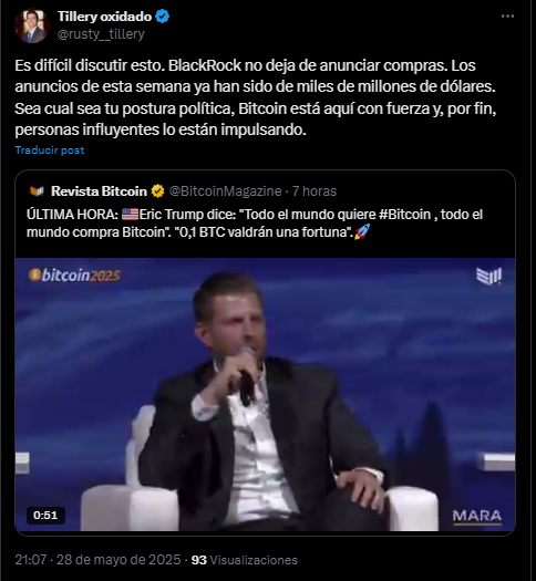 Comentario de un usuario de la red social X sobre la presencia de personas influyentes en la Bitcoin Conference 2025.