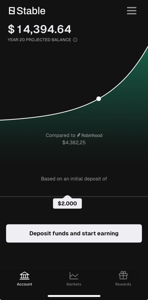 Homepage de la wallet de USDC, Stable.