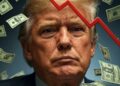 Imagen de Donald Trump rodeado de billetes de dólar y una flecha roja bajista.