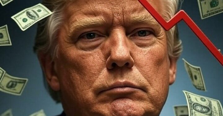 Imagen de Donald Trump rodeado de billetes de dólar y una flecha roja bajista.