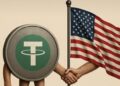 Una moneda de USDT y una bandera de EE. UU. dándose la mano.