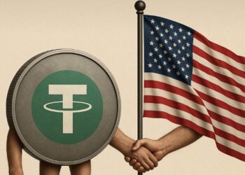 Una moneda de USDT y una bandera de EE. UU. dándose la mano.