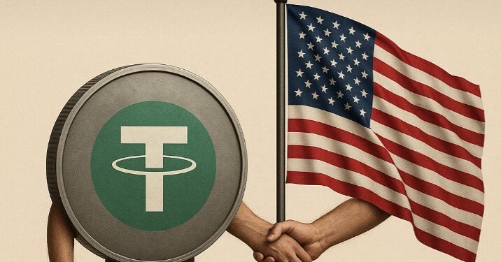 Una moneda de USDT y una bandera de EE. UU. dándose la mano.