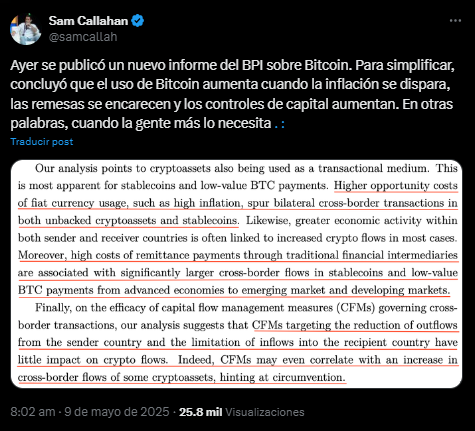 Comentario de Sam Callaham en X sobre el uso de Bitcoin.