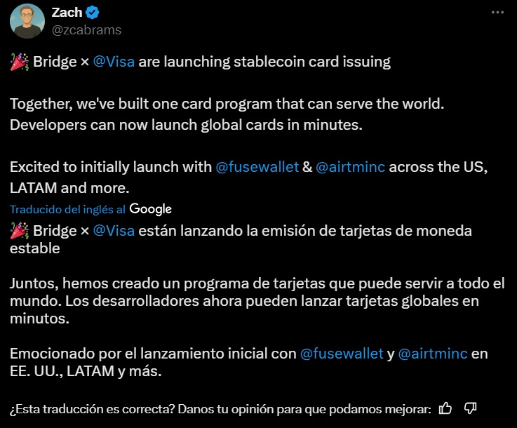 anuncio de visa y bridge sobre una nueva tarjeta vinculada a stablecoins