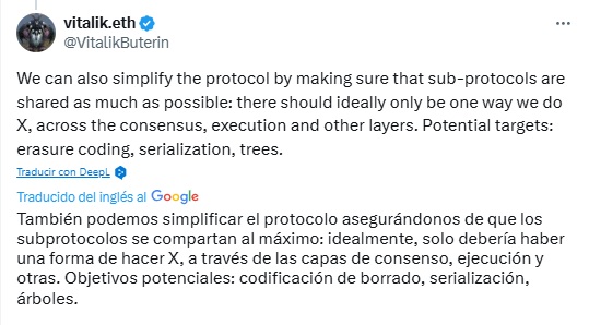 Post donde Buterin habla de simplificar la arquitectura de Ethereum