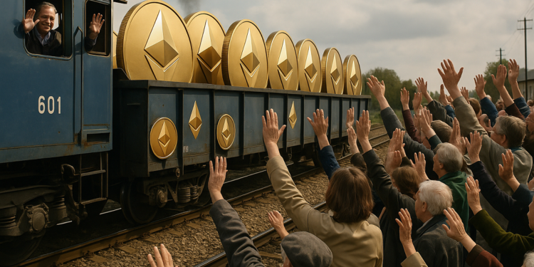 Un tren de carga con monedas físicas de ETH y gente saludando.