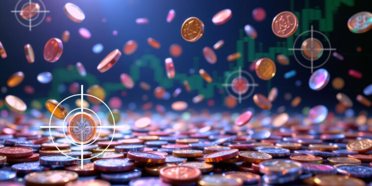 monedas cayendo sobre superficie con grafico de precio ascendente reflejado en el fondo y miras de punteria sobre algunas monedas