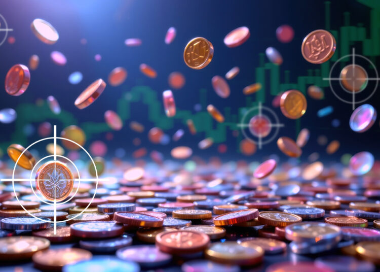 monedas cayendo sobre superficie con grafico de precio ascendente reflejado en el fondo y miras de punteria sobre algunas monedas