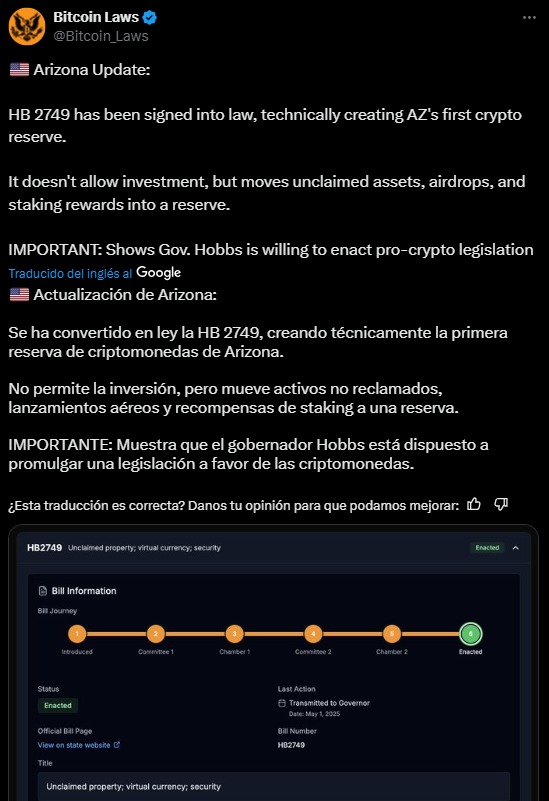 arizona aprueba ley que beneficia a bitcoin