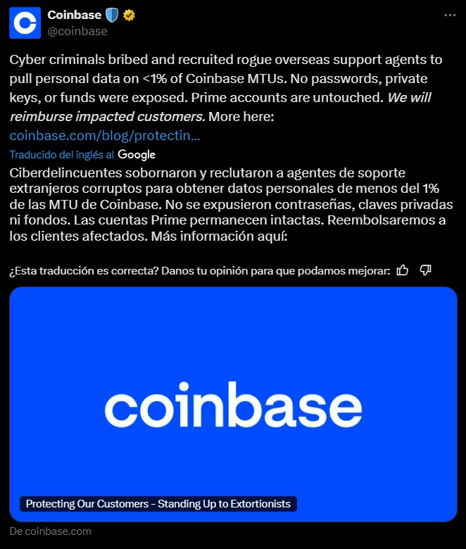 coinbase informa sobre filtracion de datos