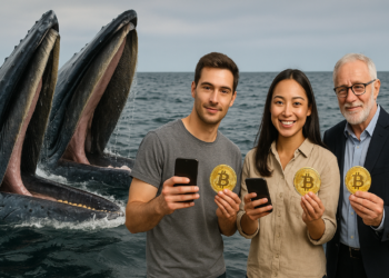 Dos ballenas en el mar y tres inversores con monedas físicas de bitcoin en sus manos.