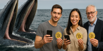 Dos ballenas en el mar y tres inversores con monedas físicas de bitcoin en sus manos.