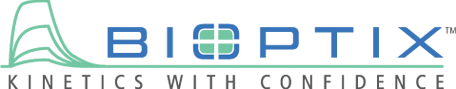 Logo de Bioptix en colores verdes y azules, junto a la frase "kinetics of confidence".