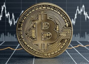 Moneda física de bitcoin y gráfico de precio.