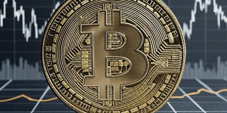Moneda física de bitcoin y gráfico de precio.