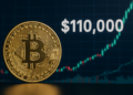 Moneda física de bitcoin y gráfico de precio, con la lleyenda $110.000