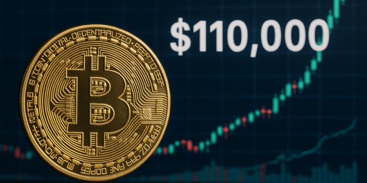 Moneda física de bitcoin y gráfico de precio, con la lleyenda $110.000