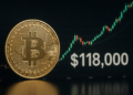 Moneda física de bitcoin, gráfico genérico de precio ascendente y la cifra $118.000.