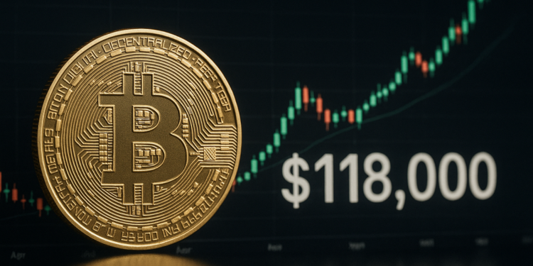 Moneda física de bitcoin, gráfico genérico de precio ascendente y la cifra $118.000.