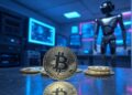 Una moneda de Bitcoin en un laboratorio de IA, junto con computadoras y robots.