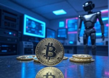 Una moneda de Bitcoin en un laboratorio de IA, junto con computadoras y robots.