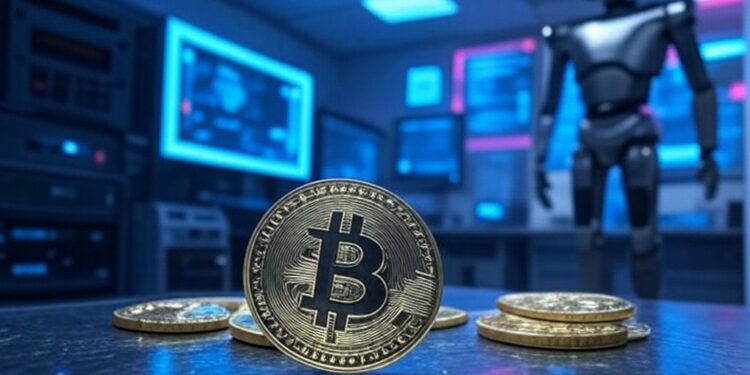Una moneda de Bitcoin en un laboratorio de IA, junto con computadoras y robots.