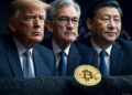 Imagen de bitcoin por delante y detrás los rostros de Xi Jinping, Donald Trump y Jerome Powell.