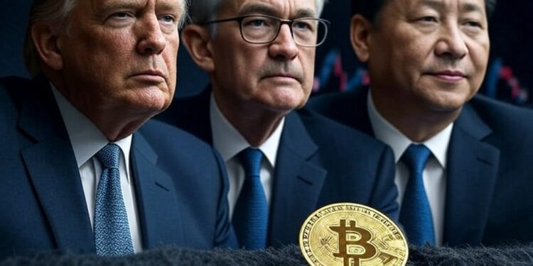 Imagen de bitcoin por delante y detrás los rostros de Xi Jinping, Donald Trump y Jerome Powell.