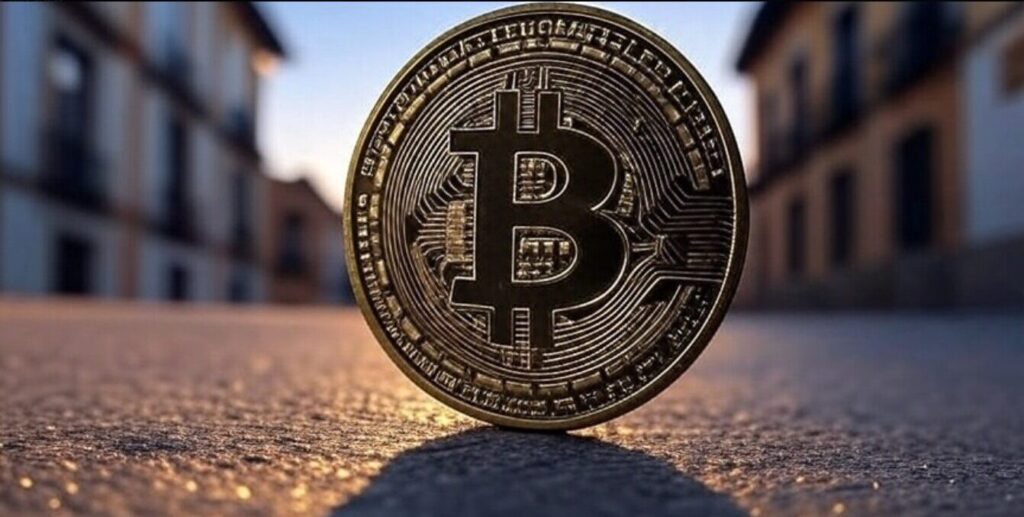 Una moneda grande y dorada de bitcoin.