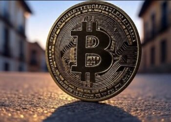 Una moneda grande y dorada de bitcoin.