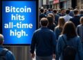 Gente caminando alrededor de una pantalla que dice bitcoin marcó su ATH.