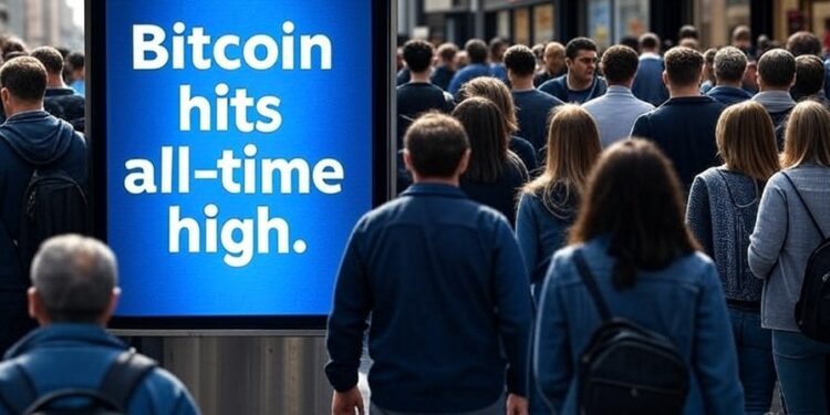 Gente caminando alrededor de una pantalla que dice bitcoin marcó su ATH.