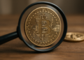 Una moneda física de bitcoin detrás de una lupa.