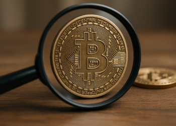 Una moneda física de bitcoin detrás de una lupa.