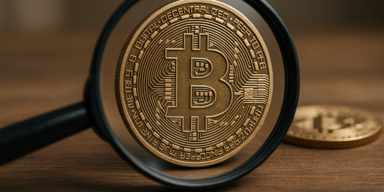 Una moneda física de bitcoin detrás de una lupa.