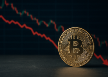 Moneda física de bitcoin y gráfico de precio cayendo.