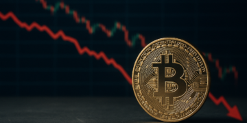 Moneda física de bitcoin y gráfico de precio cayendo.