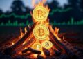 Bitcoin en una fogata y gráficas verdes en el fondo.