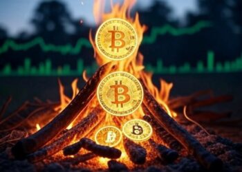 Bitcoin en una fogata y gráficas verdes en el fondo.