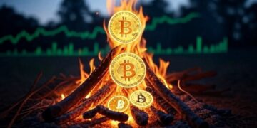 Bitcoin en una fogata y gráficas verdes en el fondo.