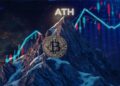 moneda de bitcoin en montaña helada con la palabra ATH en su pico con grafico de precio ascendente en el cielo