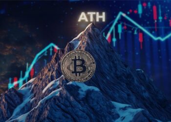 moneda de bitcoin en montaña helada con la palabra ATH en su pico con grafico de precio ascendente en el cielo