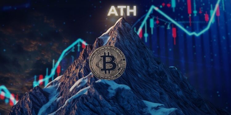 moneda de bitcoin en montaña helada con la palabra ATH en su pico con grafico de precio ascendente en el cielo