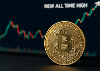 Moneda física de bitcoin y gráfico de precio.
