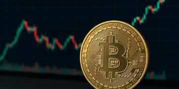 Moneda física de bitcoin y gráfico de precio.